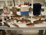 Wooden fish decoys (modern) signed: James Stanford (?), Dan Wiswell, A.D. Peterson, P. Bartlett, and others.
