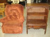 When I first looked at the book shelf I thought it was converted from a floor model radio...I was wrong...Factory made walnut shelf...it'll look real good after Roni cleans it! Oh, the recliner is nice too!