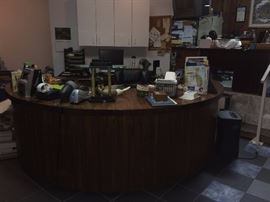 Kidney shape office desk made from the wood from their old home place. 