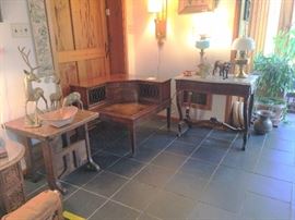 corner table , marble top table , wooden table , deers , lamps