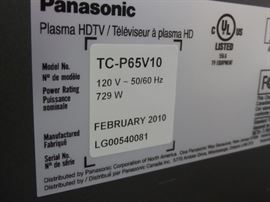A Panasonic 65" plasma Viera TV with stand and manual in excellent condition, (2010).