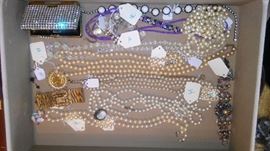 Vintage Costume Jewelry pearls , rhinestones , crystal beads, vintage lighters, broaches, opera glasses