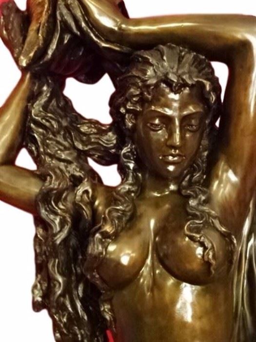 LIFESIZE BRONZE SCULPTURE, MAIDEN WITH SHELL, CAN BE USED AS FOUNTAIN WITH WATER FLOWING FROM SHELL