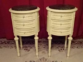 PAIR MARBLE TOP LOUIS XVI STYLE TABLES WITH 3 DRAWERS, WHITE FINISH