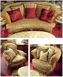 OPULENT 3 PC LIVING ROOM SET, SOFA AND 2 CHAIRS, RED AND CHAMPAGNE ACCENT PILLOWS