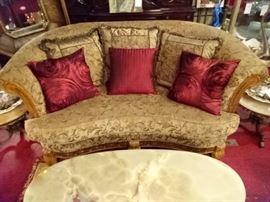 OPULENT 3 PC LIVING ROOM SET, SOFA AND 2 CHAIRS, RED AND CHAMPAGNE ACCENT PILLOWS