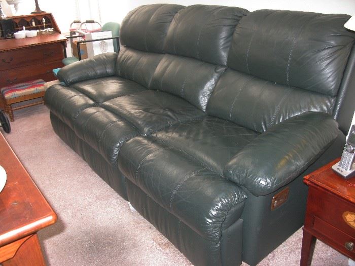 leather double recliner couch, dark green. matching recliner chair also available.