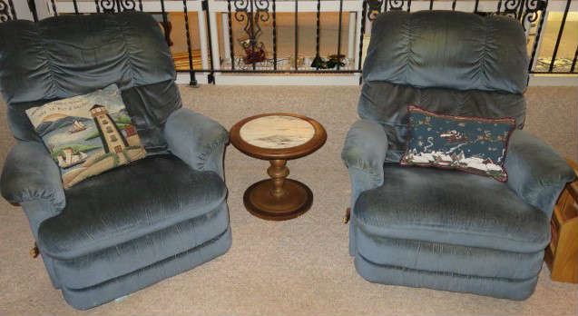 Pair Blue La-Z-Boy Recliners, Round Wood Marble Top End Table 