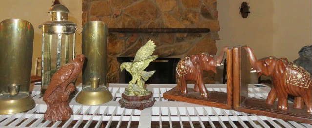 Elephant Bookends, Brass Lantern, Candlesticks