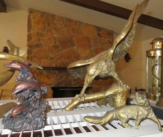 Large Brass Eagle on Branch, Fox Figurine