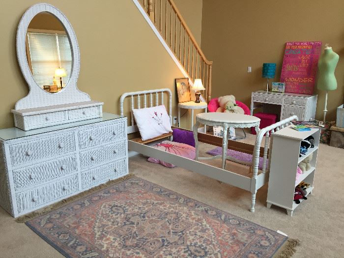 Wicker 6 Drawer Chest, Wicker 2 Drawer Vanity Mirror, Wicker Desk and Jenny Lind Painted Bed
