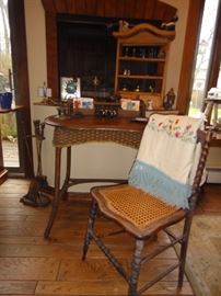 Vintage wicker desk, chair, Vintage table cloth