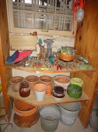 Pots, pottery, yard tools 
