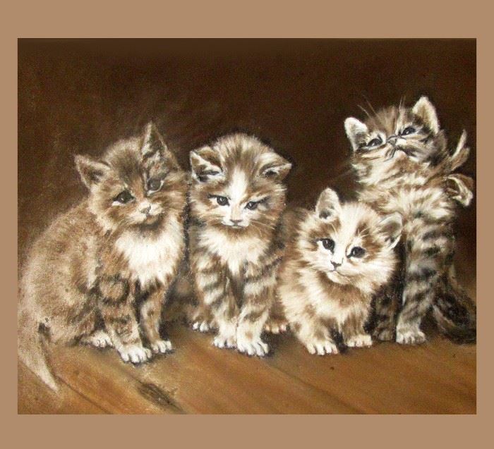 Close up of an Original Family Pastel Painting; The Sweetest Little Kittens; Just Precious! c.1919