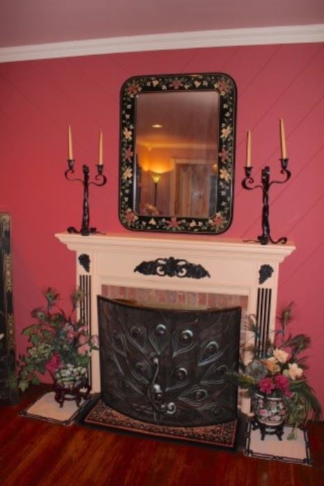 Decorative Fireplace Screen, Urns with Arrangements, Pair of Candlesticks and Mirror