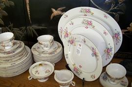 Haviland (New York) in Pasadena pattern. 10 dinner plates, 8 salad plates, 8 soup bowls, 8 cups and saucers, 3 platters and cream and sugar bowl