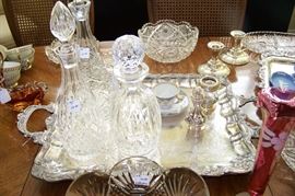 SIlverplate tray - crystal decanters, sterling, cut glass