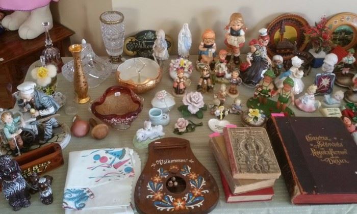Vintage smalls including bone china flowers, weeping gold pieces, Hummels, faux Hummels from the 50s.