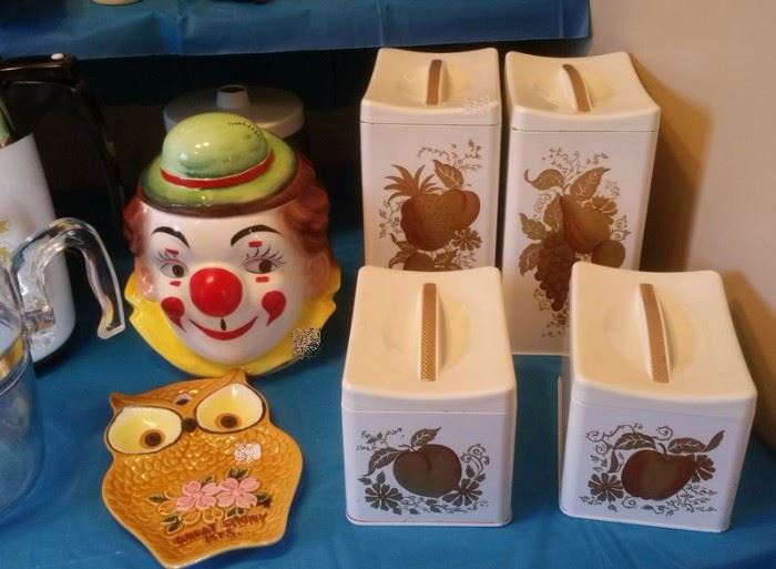 Clown cookie jar, nice set of Ransburg canisters
