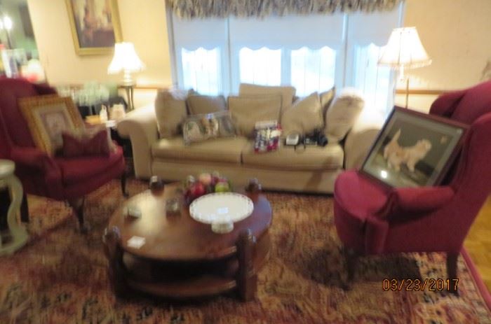 Overstuffed Couch with Pillows, Pair of Wing back Chairs, Pine Table