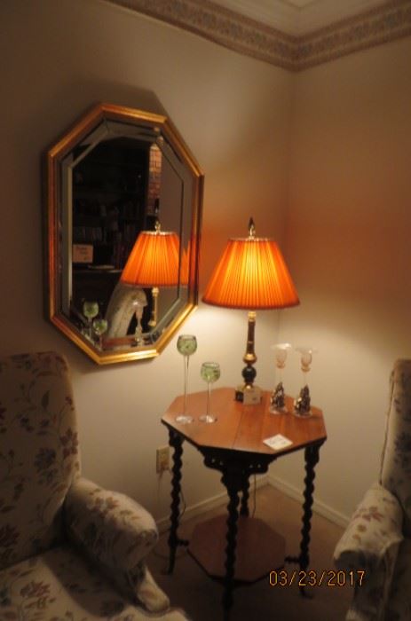 Lamp & Oak Table, Beveled Mirror