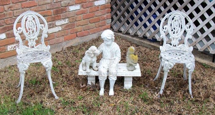 White Wrought Iron Chairs, Stone Bench, Boy and His Dog Statuary