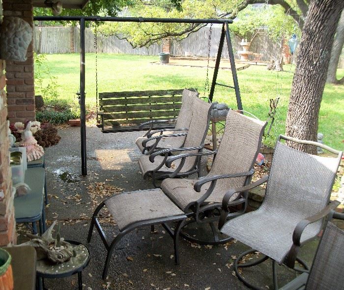 Wood Bench Swing with Stand, Four Outdoor Chairs and One Ottoman
