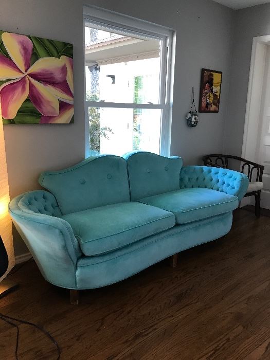 1920's reupholstered turquoise Love seat.  