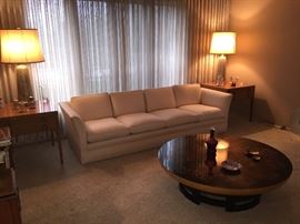 Original 1954 Kittinger sofa (in original fabric, in lovely condition), Pair of Kittinger end tables, Kittinger Oriental style coffee table.