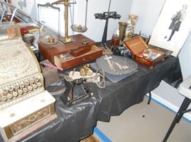 NATIONAL MINI CASH REGISTER - NEEDS TLC. OLD APOTHECARY SCALE,  MATCHBOOK COLLECTIONS, POTTERY AND SMALLS. 