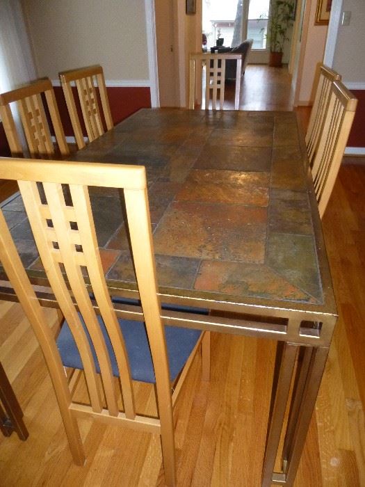 AFRICAN SLATE DINING TABLE WITH BRONZE LEGS AND 6 CHAIRS