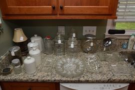 Hoosier cabinet jars, Gibson canister set, refrigerator water jar, sugar canister with scoop, glassware