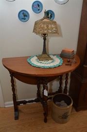 walnut gate leg drop-leaf table, slag lamp