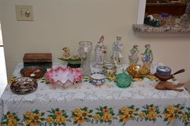 occupied Japan figurines, Fenton, Carnival glass, early bride's bowl with polished bottom, Delft, and more