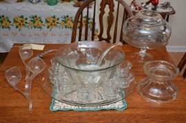 punch bowl with stand, under plate, cups, ladle, assorted ladles, glass pedestal cake plate with cover