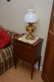 handmade walnut three drawer chest with stand, converted Aladdin oil lamp