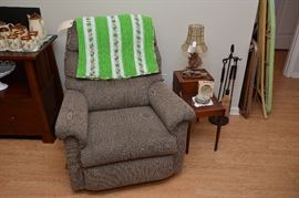 LazyBoy recliner, table, driftwood lamp, fireplace tools