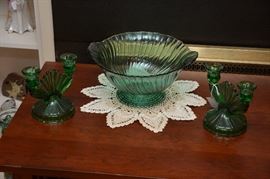 Jeanette Ultra Marine bowl and pair double candlesticks