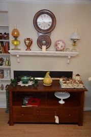 Ethan Allen TV stand, milk glass fruit bowl, Enesco Country Road tea set
