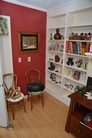 pair chairs, Ted Williams and Lance Parrish baseball gloves, artwork