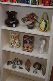 Geodes, Vernonware pitcher, and assorted items