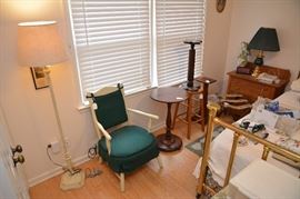 floor lamp, single chair, table, wood pedestal plant stand, luggage rack