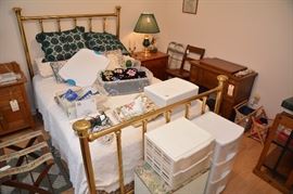 full-size brass plated metal bed, crocheted coasters, sewing notions
