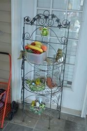 shelf, assorted frog/toad figurines, artificial fruit