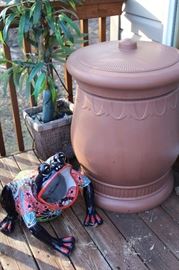 Outdoor decorative garbage can or storage bin and fun ceramic painted frog