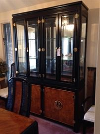#13 black and wood china cabinet 56x16x81 $175
#80 Black and wood dining table w 6 chairs & 2 leaves 63-98x41x29 $275 