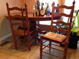 #36 (2) ladder back cain seat oak dining chairs $30 ea
#37 green ladder back dining chair $20
#83 round oak pedistal table w 1 leaf 48-64x48x30 $125
sorry the bottle on top is not for sale! 