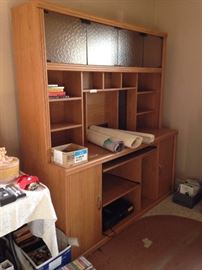 #48 laminate desk w shelves and glass doors 67x21x72 $75 