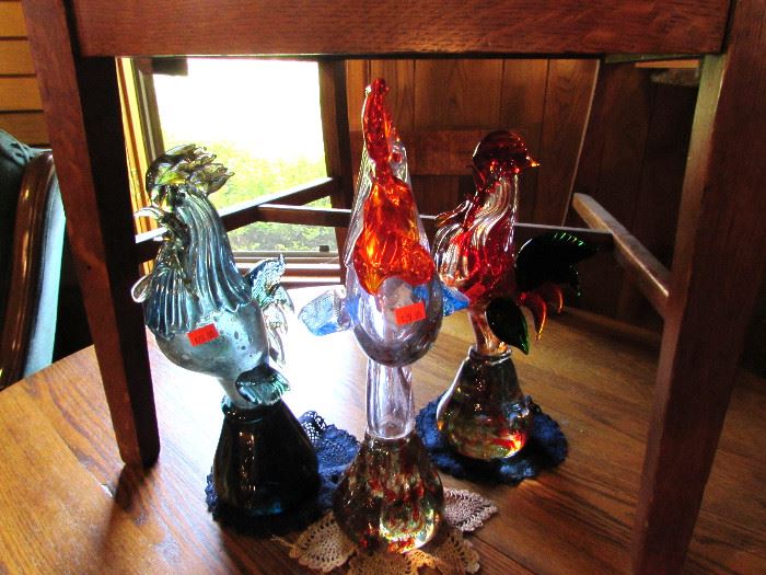 Murano glass roosters 