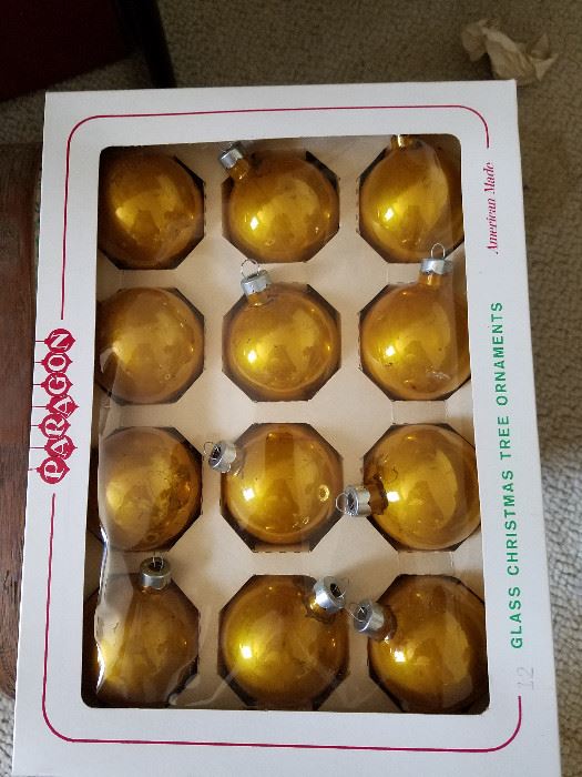 gold painted glass Christmas bulbs  more than pictured in this display